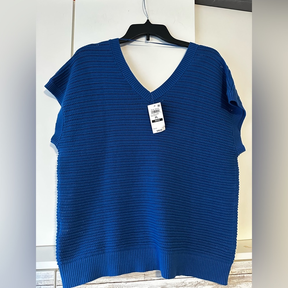💙 NWT Style & Co Petite Blue Open Knit V-Neck Sweater PL MSRP $49.50